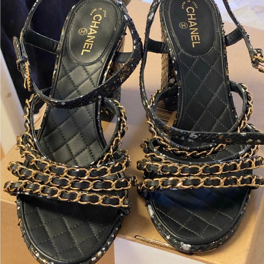 CHANEL Women's Sandals in Black with Gold Accents